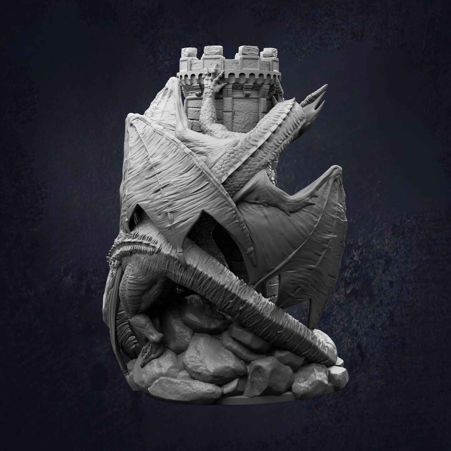 A detailed 3D model of a dragon statue with a castle-like structure on top, set against a dark background.