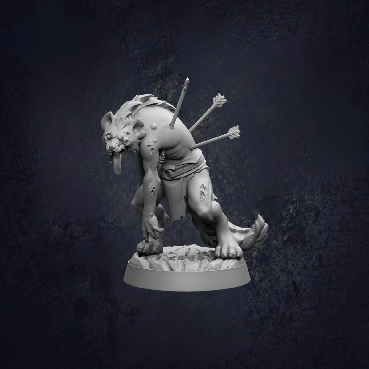 A 3D model of a fantastical creature with multiple arms and sharp teeth, standing on a base against a dark background.