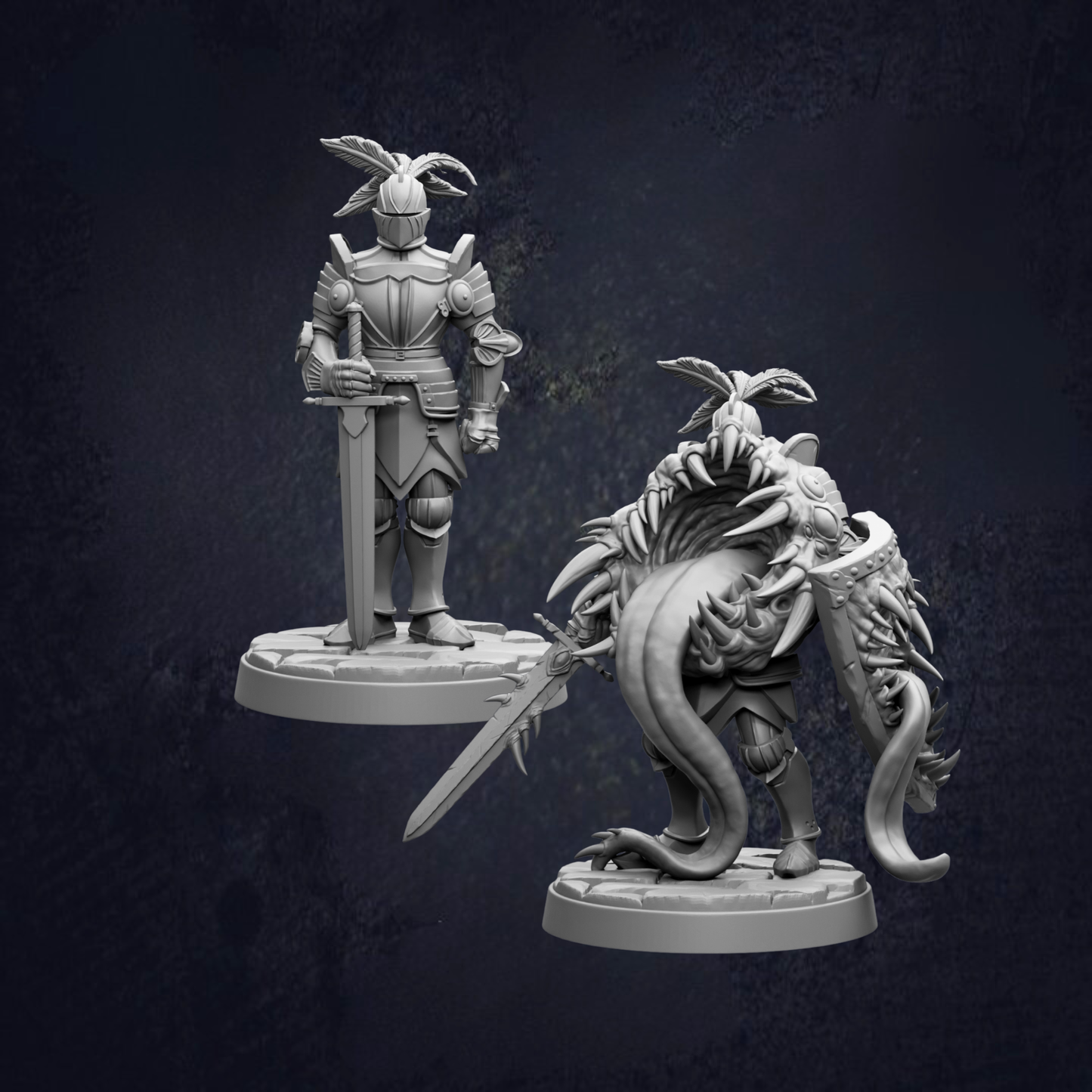 two detailed 3D models of medieval knights, each holding a sword and standing on a platform.