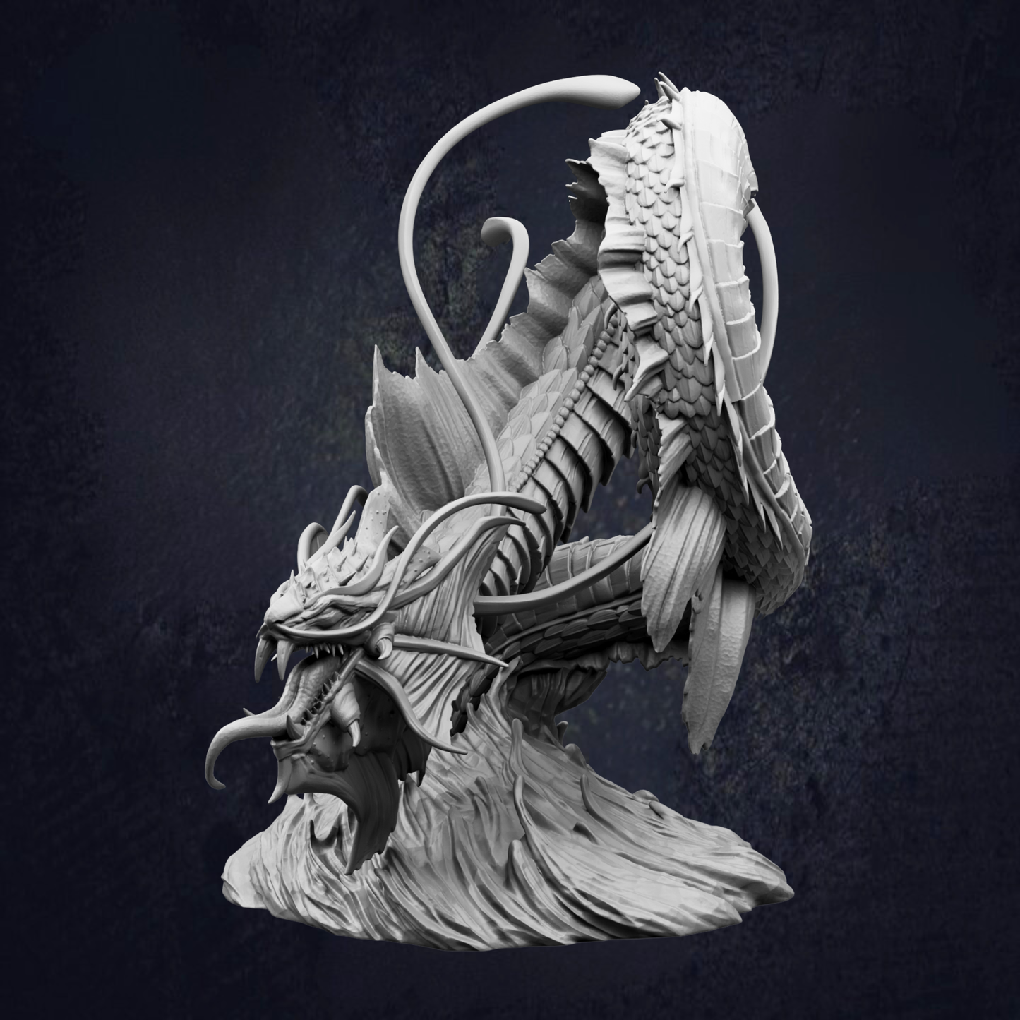 A detailed, intricate sculpture of a fantastical creature, possibly a dragon or serpent, with a dark background.