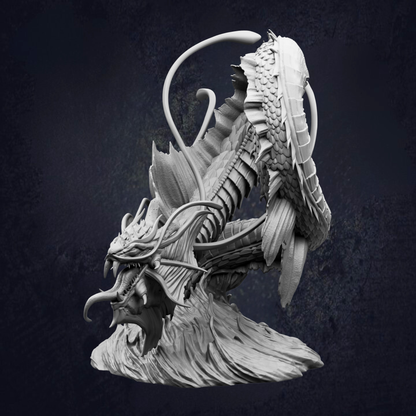 A detailed, intricate sculpture of a fantastical creature, possibly a dragon or serpent, with a dark background.