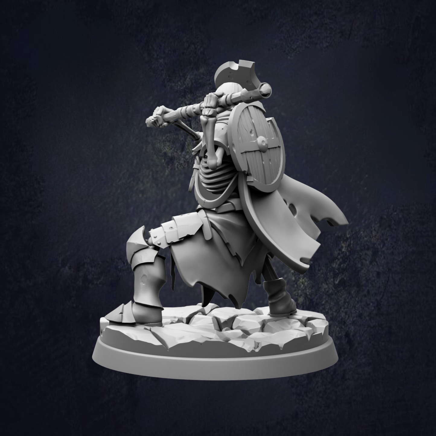 A 3D rendering of a warrior figure in a fighting stance, wearing a helmet and armor, with a shield and sword in hand.