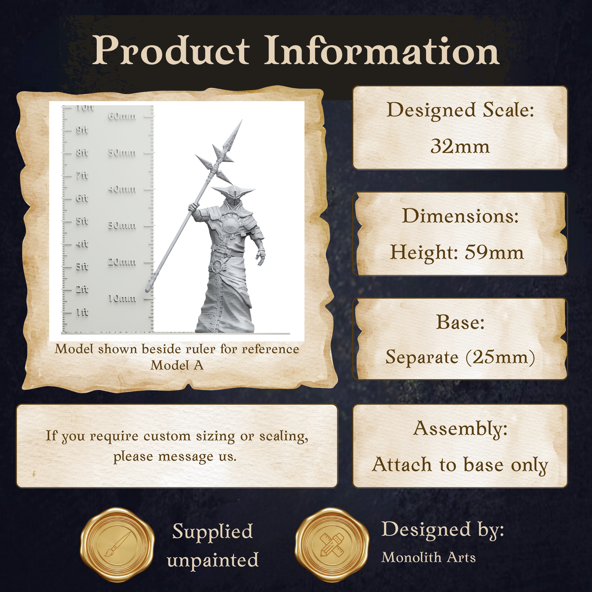 The image is a product information display featuring a model of a knight, along with dimensions and assembly instructions.