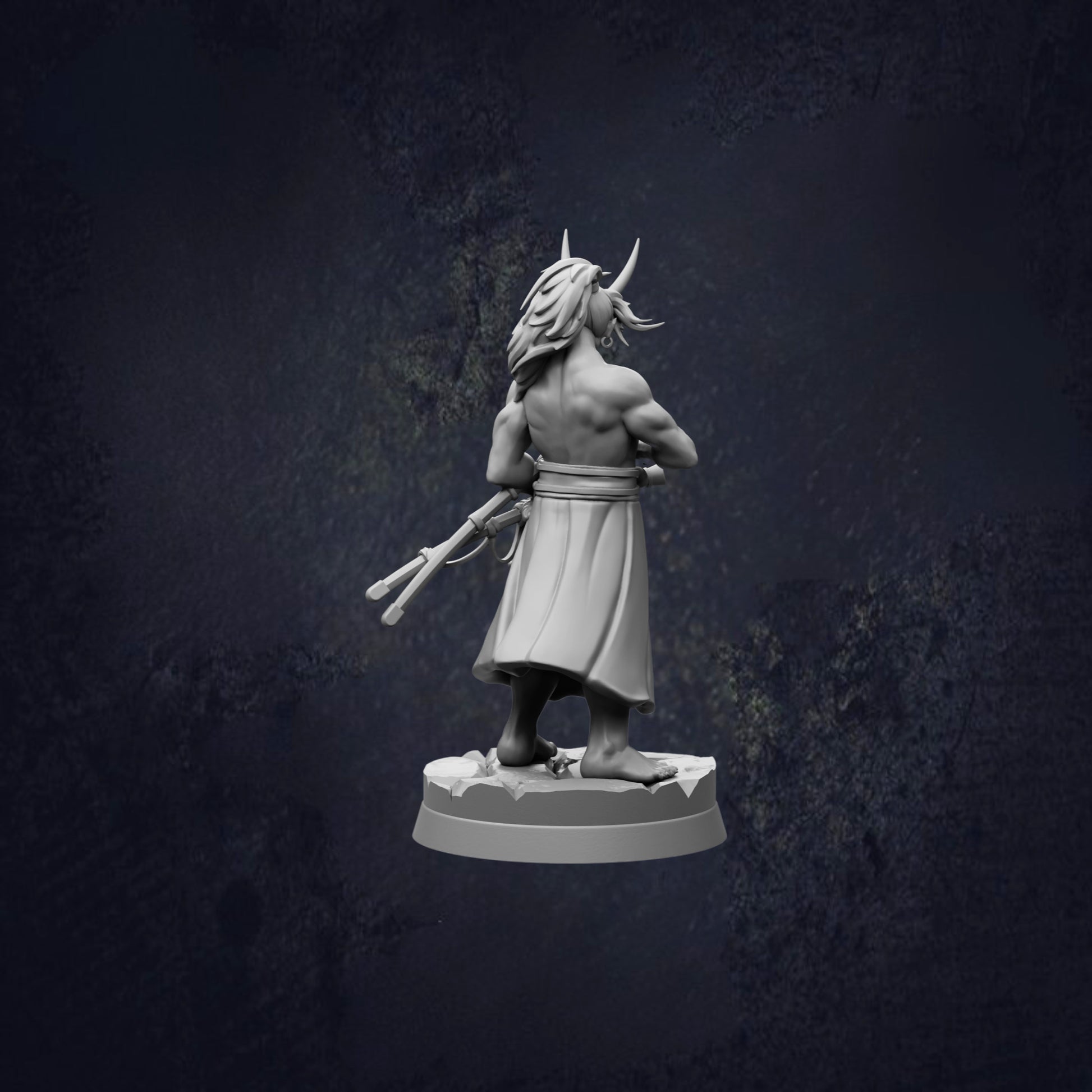 A statue of a muscular man with horns, standing on a pedestal and holding a weapon, against a dark background.