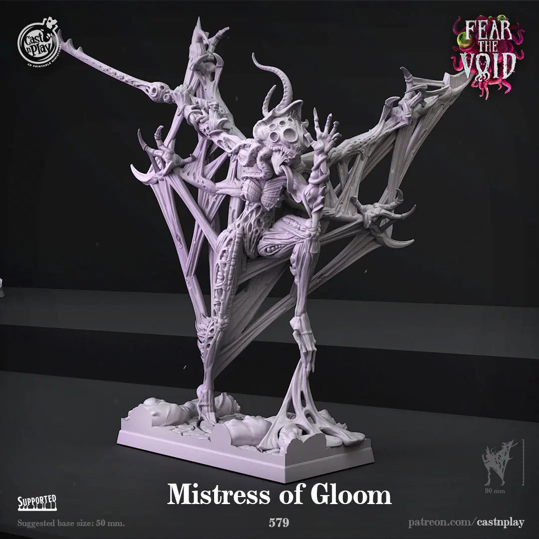 The Mistress of Gloom is a beautifully detailed DnD miniature featuring a powerful and eerie female figure. Dressed in flowing, intricately designed robes adorned with arcane symbols, she exudes an air of dark elegance and mystery. Her sharp features and commanding posture reflect her authority over dark forces. In one hand, she holds a staff topped with an ominous gemstone or arcane crystal, symbolizing her mastery of forbidden magic. The base is textured, enhancing her ominous, otherworldly presence.