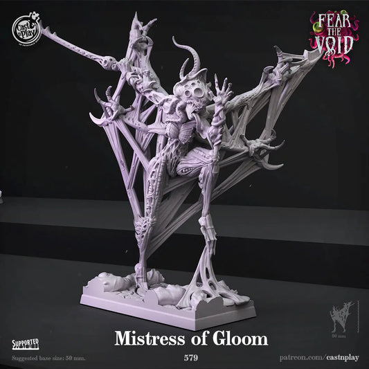 The Mistress of Gloom is a beautifully detailed DnD miniature featuring a powerful and eerie female figure. Dressed in flowing, intricately designed robes adorned with arcane symbols, she exudes an air of dark elegance and mystery. Her sharp features and commanding posture reflect her authority over dark forces. In one hand, she holds a staff topped with an ominous gemstone or arcane crystal, symbolizing her mastery of forbidden magic. The base is textured, enhancing her ominous, otherworldly presence.