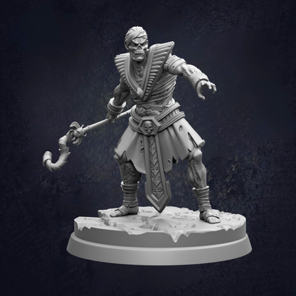 A 3D rendering of a warrior figure with a sword and shield, standing on a platform against a dark background.