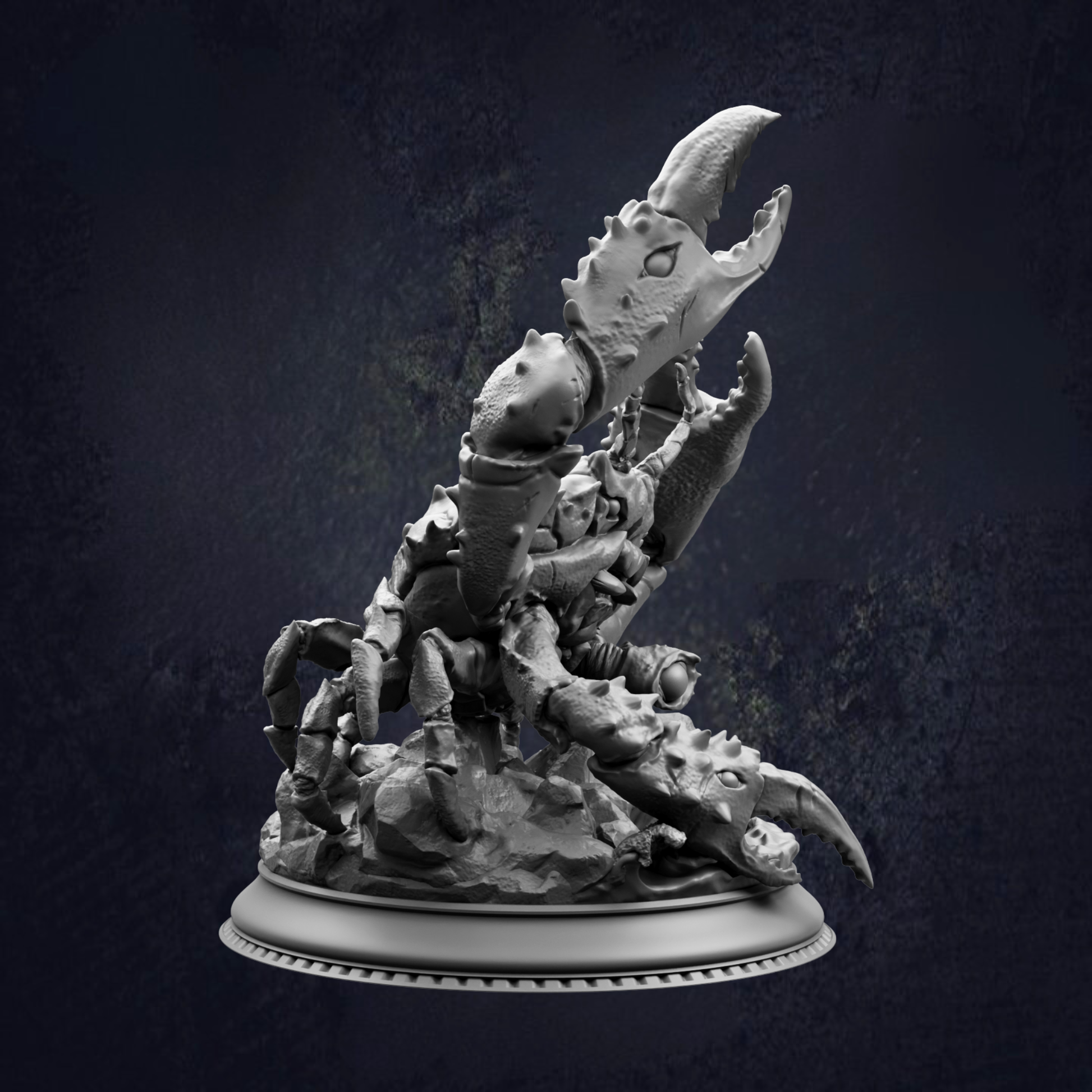 A detailed 3D model of a crab-like creature with sharp claws and a menacing expression, standing on a rocky base.