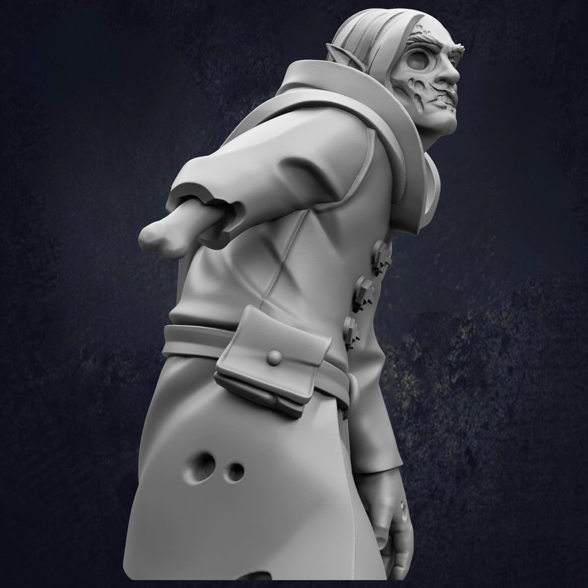 A 3D rendering of a person wearing a coat and hat, with a serious expression on their face.