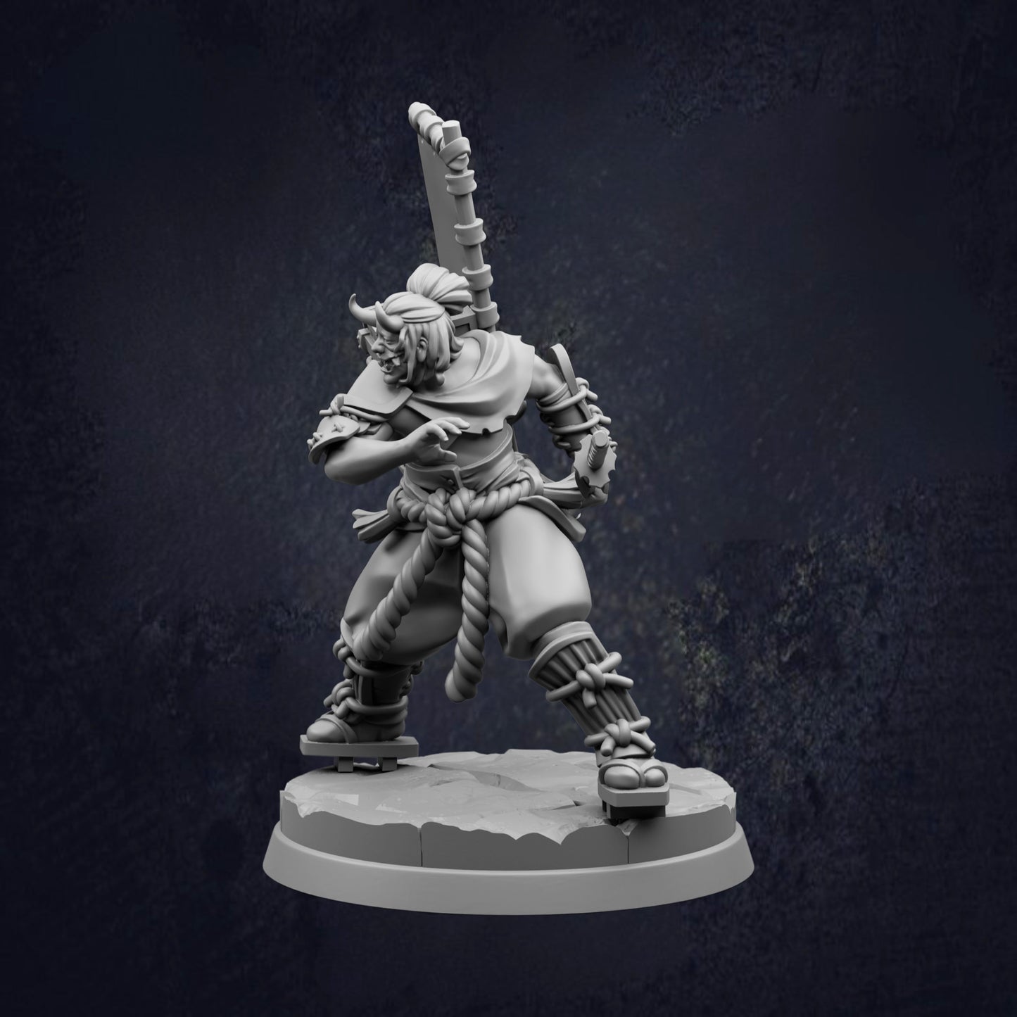 A 3D model of a warrior figure holding a sword and shield, standing on a platform against a dark background.