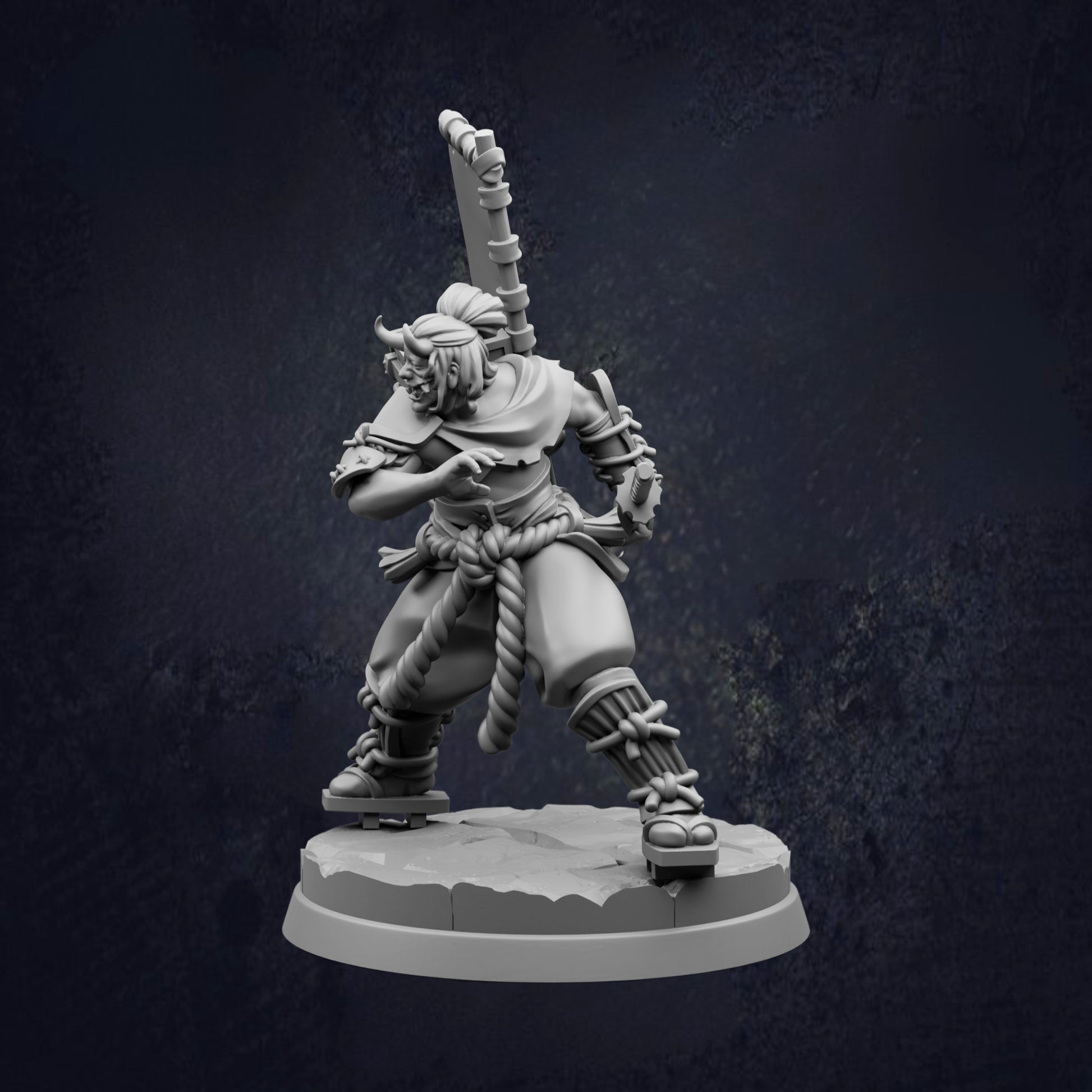 A 3D model of a warrior figure holding a sword and shield, standing on a platform against a dark background.