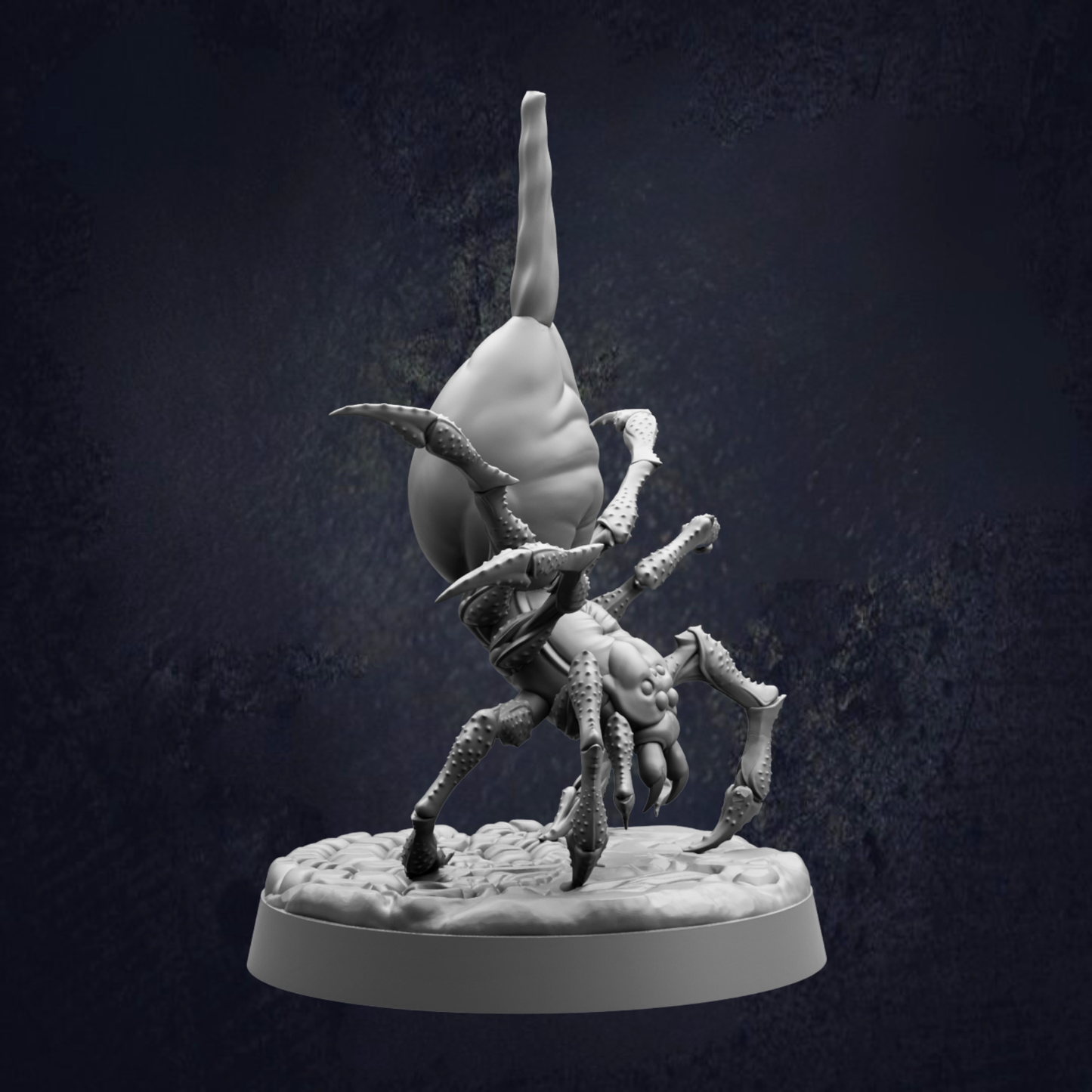 A 3D rendering of a large, hairy spider with multiple legs and sharp fangs, standing on a base.