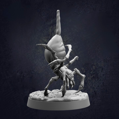 A 3D rendering of a large, hairy spider with multiple legs and sharp fangs, standing on a base.