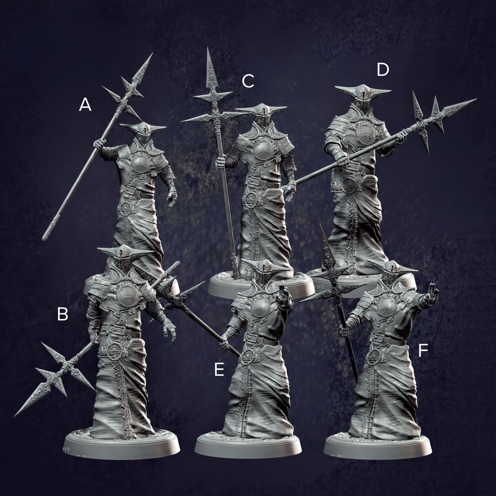 six detailed statues of medieval-style knights, each holding a spear and standing on a pedestal. The statues are arranged in a grid-like pattern, with each knight positioned next to its corresponding pedestal. The statues are all facing the same direction, suggesting a sense of unity and purpose among the knights.