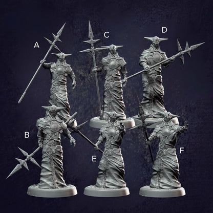 six detailed statues of medieval-style knights, each holding a spear and standing on a pedestal. The statues are arranged in a grid-like pattern, with each knight positioned next to its corresponding pedestal. The statues are all facing the same direction, suggesting a sense of unity and purpose among the knights.