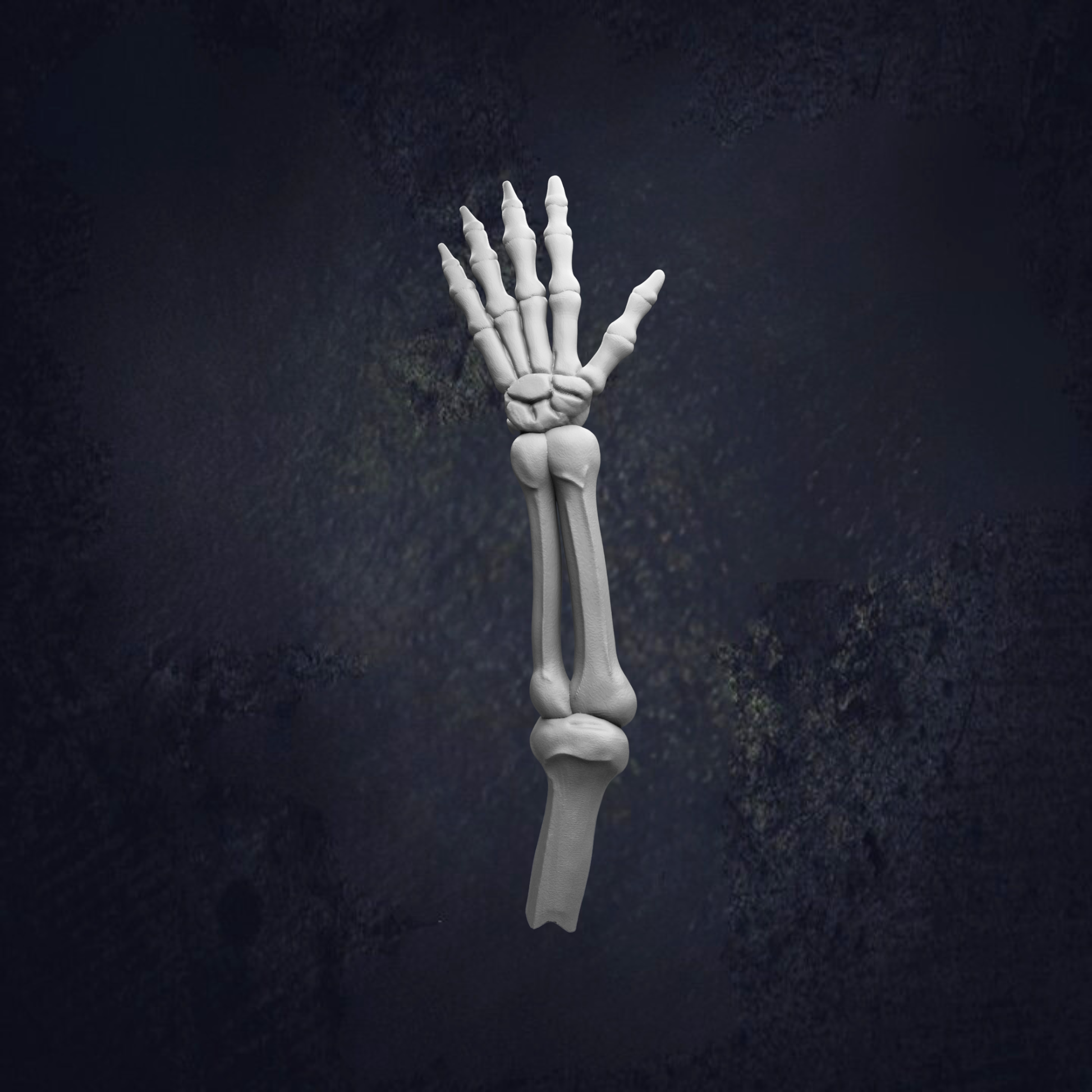 A white skeletal hand is shown against a dark background.
