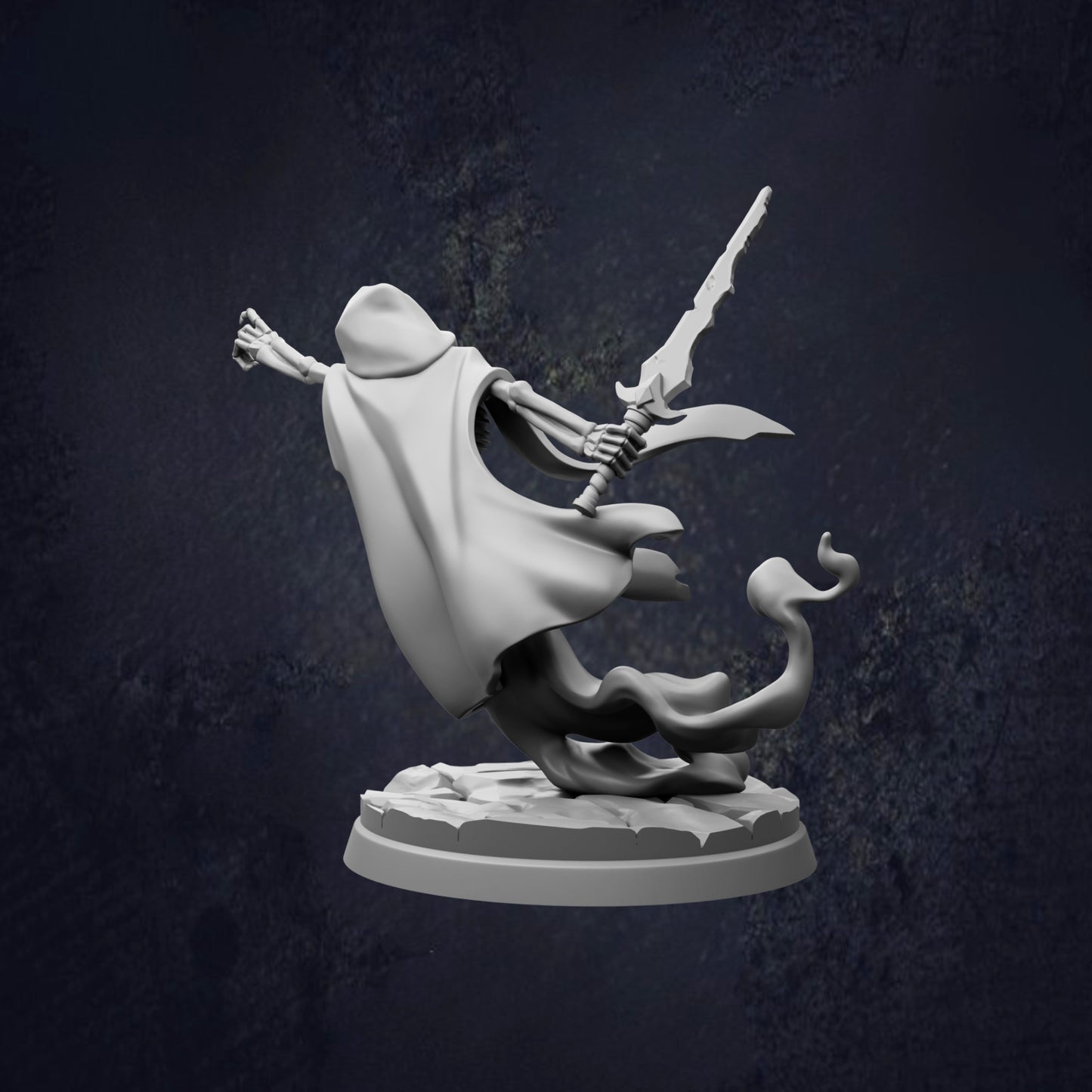 A 3D rendering of a ghostly figure holding a sword, standing on a platform against a dark background.