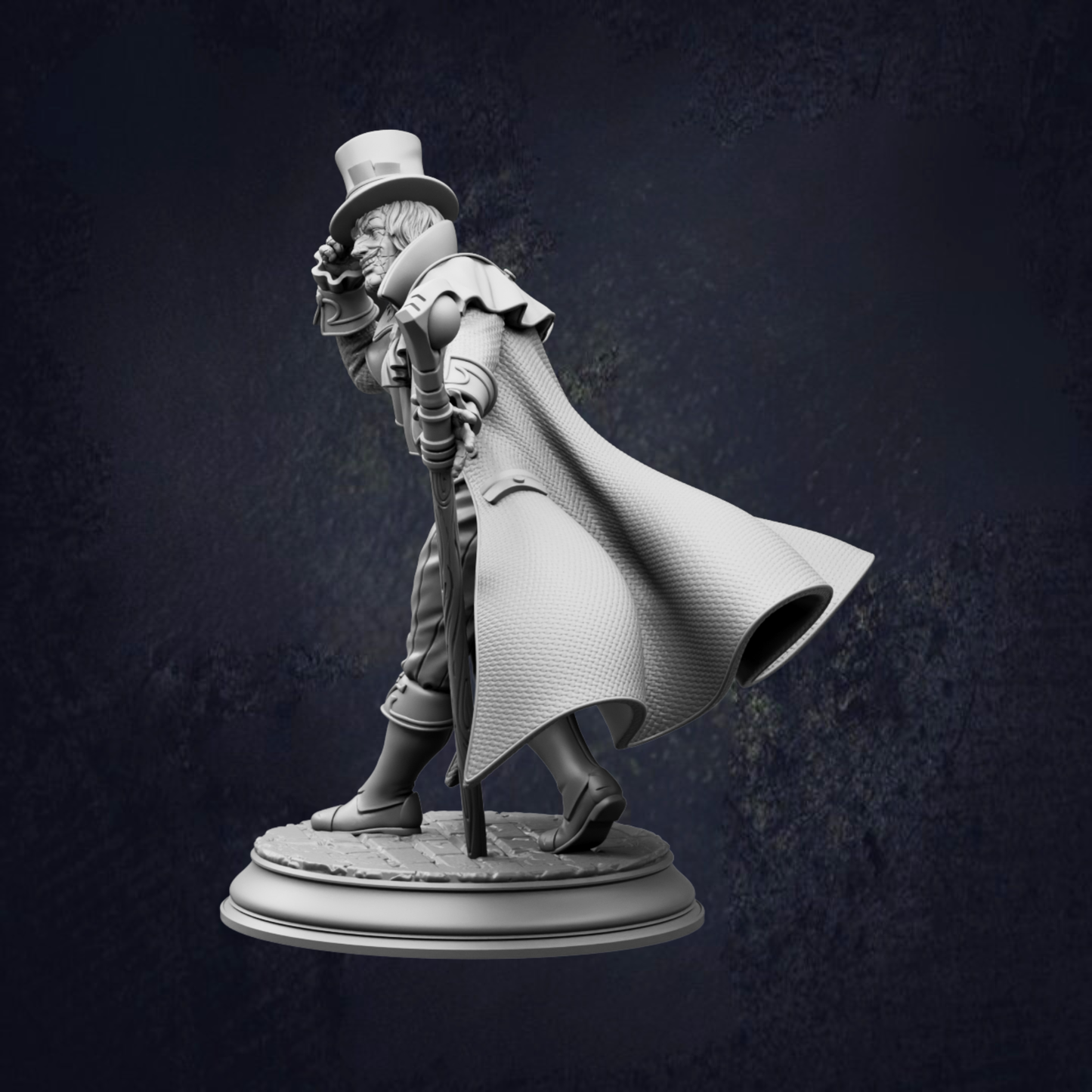 A statue of a man wearing a top hat and coat, holding a cane, standing on a pedestal against a dark background.