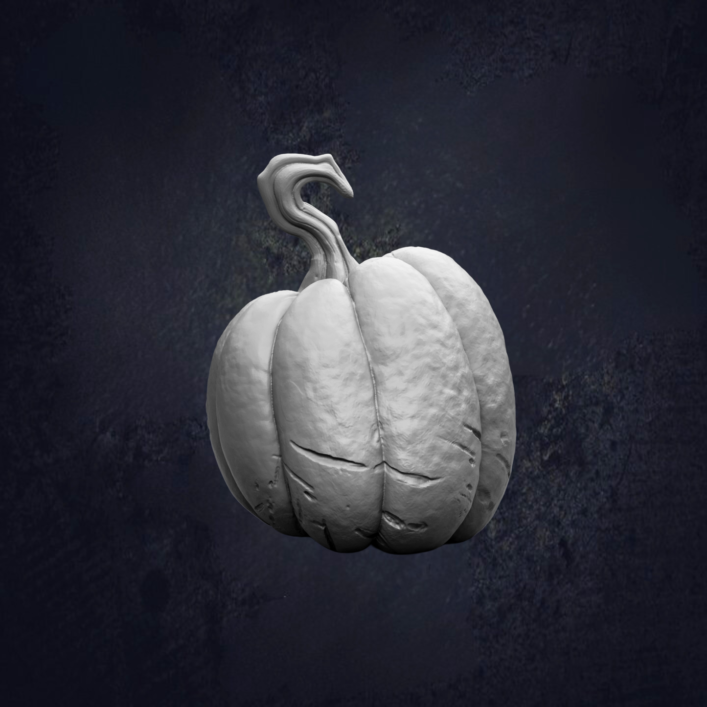 A white, three-dimensional pumpkin with a curved stem is shown against a dark background.
