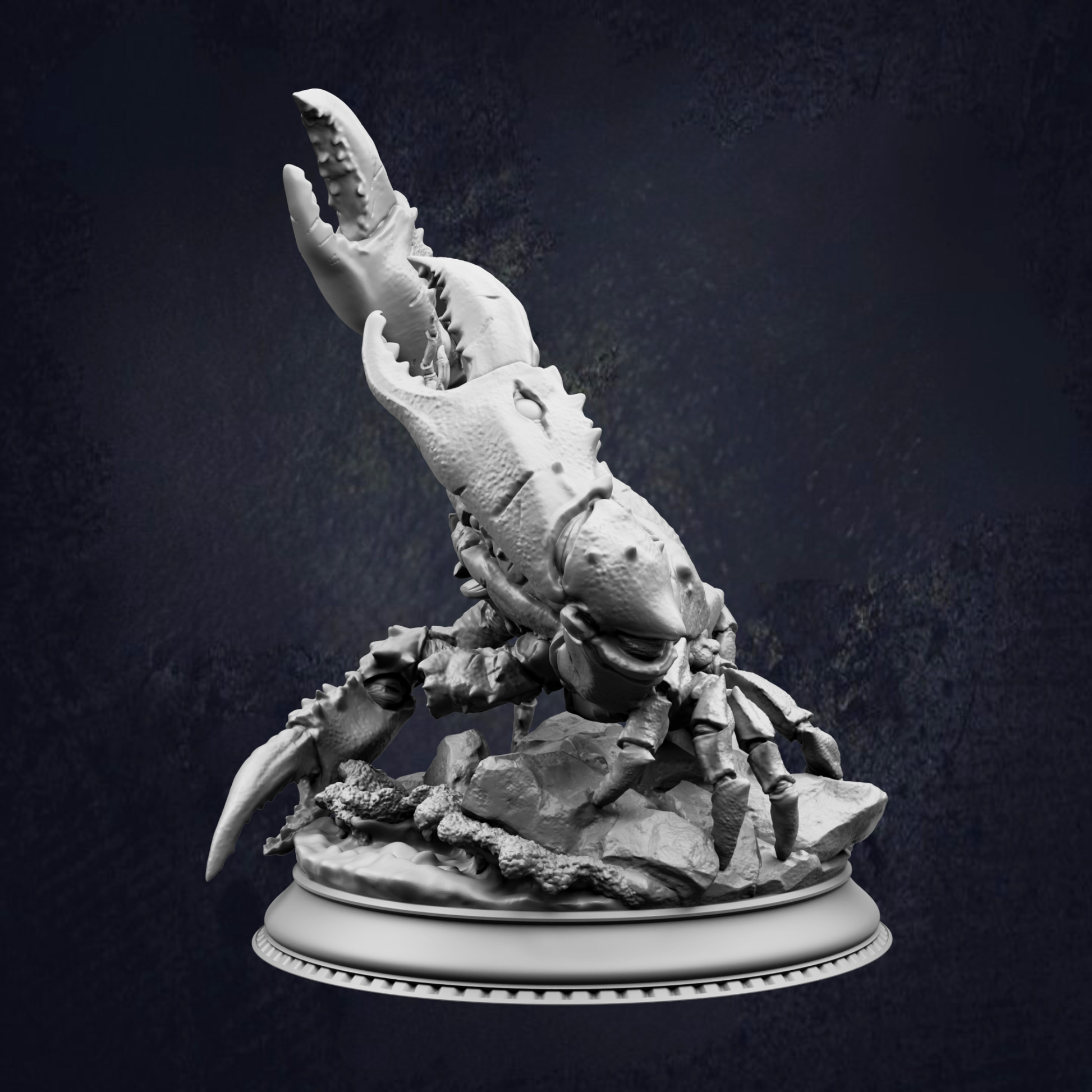 A detailed 3D model of a lobster with its claws extended, standing on a rock formation.