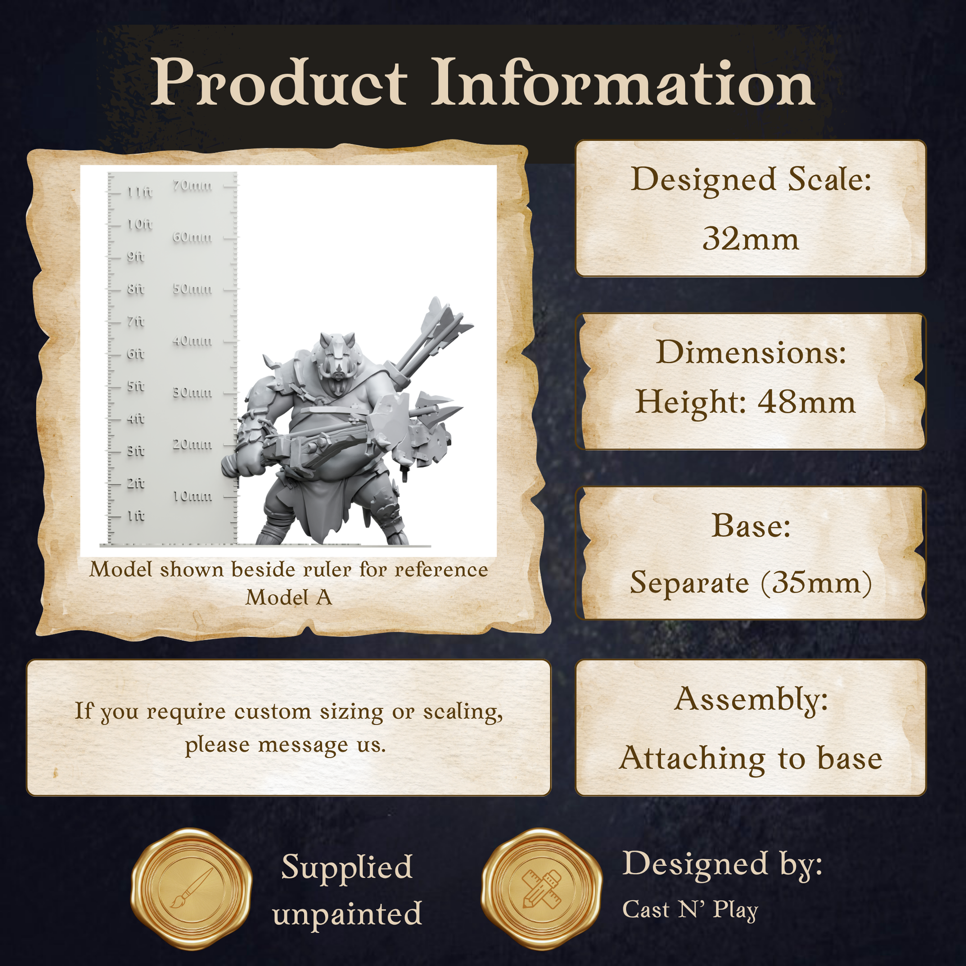 The image is a product information graphic that provides details about a model, including its dimensions, base, and assembly instructions.