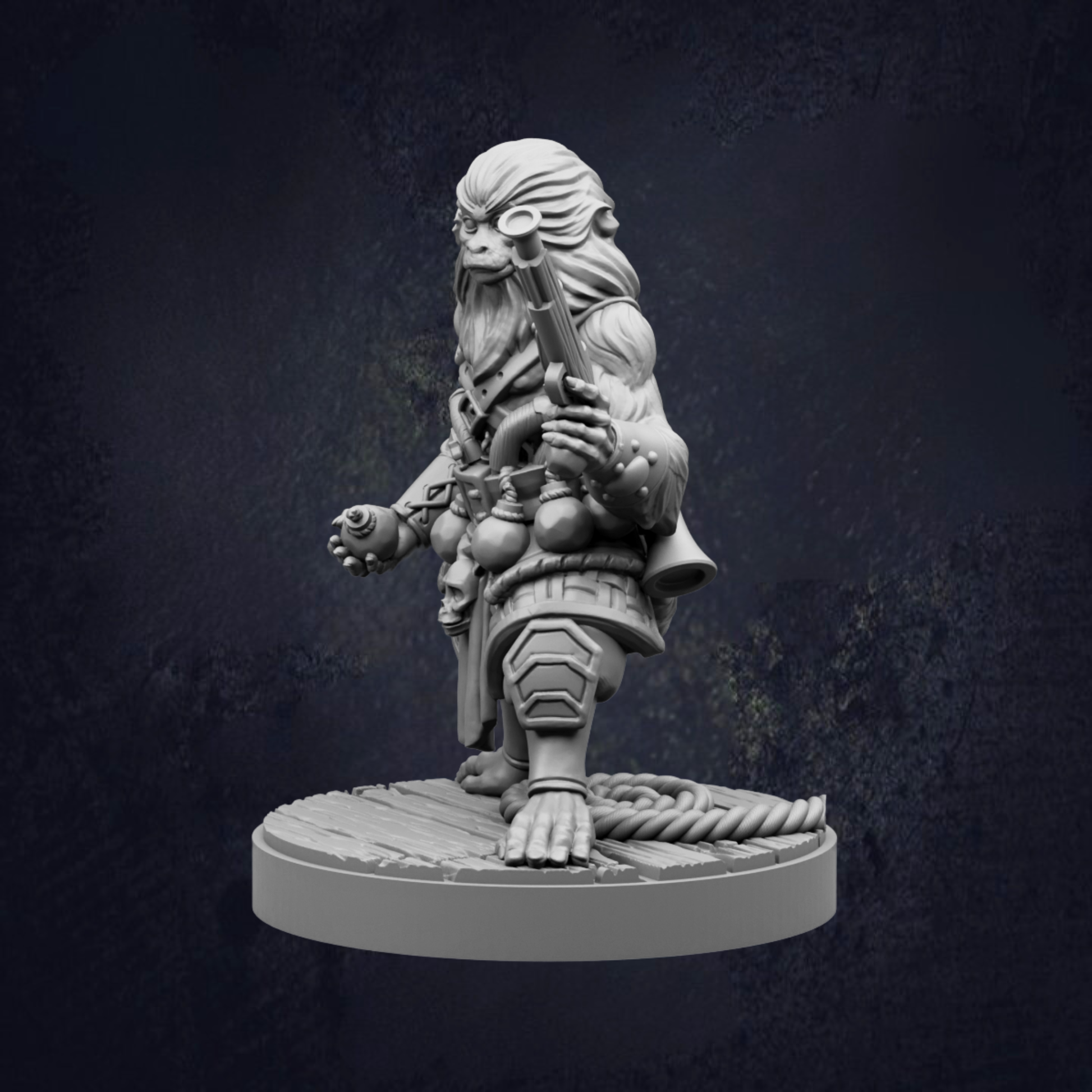 A 3D model of a character with a long beard and a gun, standing on a platform against a dark background.