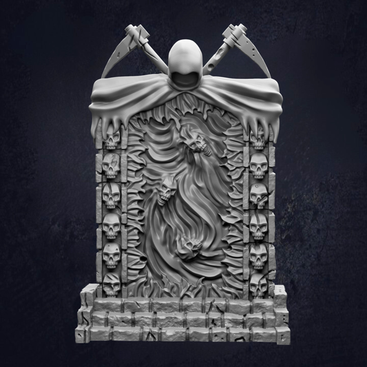 A dark, gothic-style sculpture depicting a skull-like figure with a hooded cloak, surrounded by a stone wall with multiple skull-like elements.