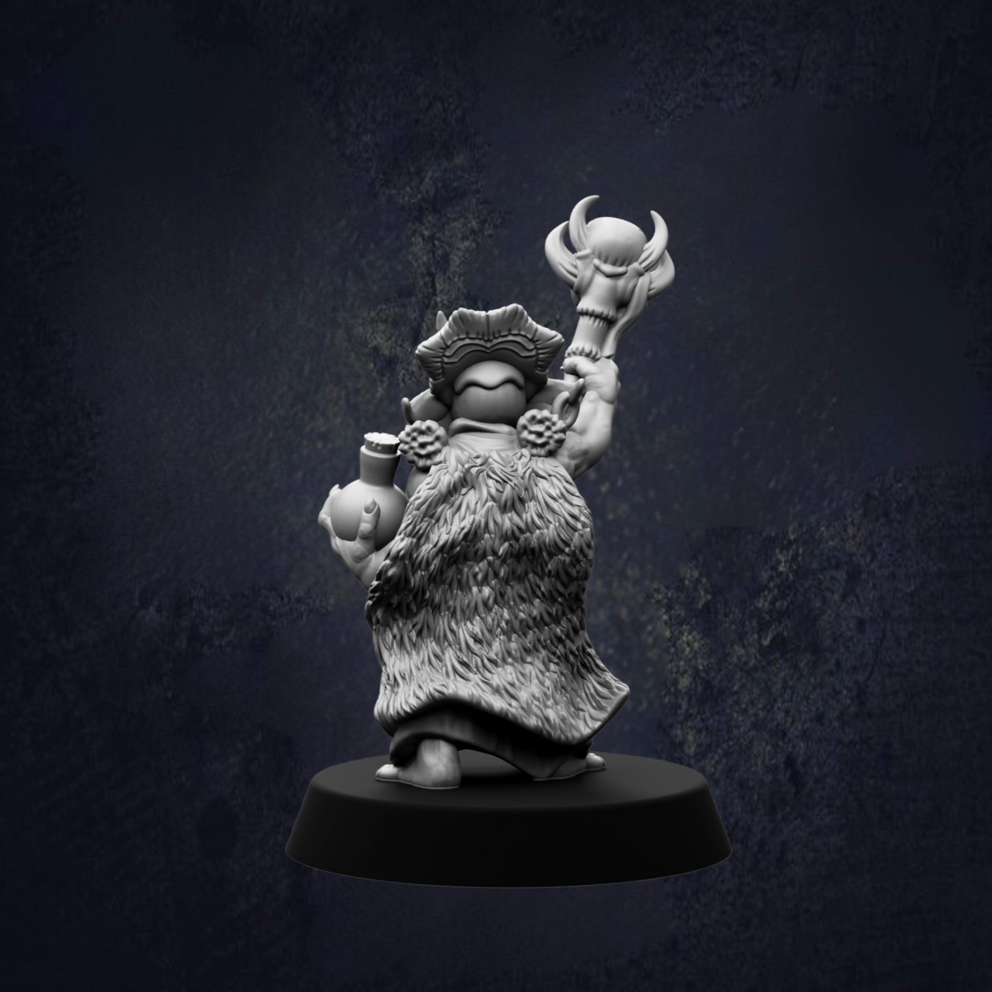 A statue of a person holding a cauldron and a staff, standing on a black base against a dark background.