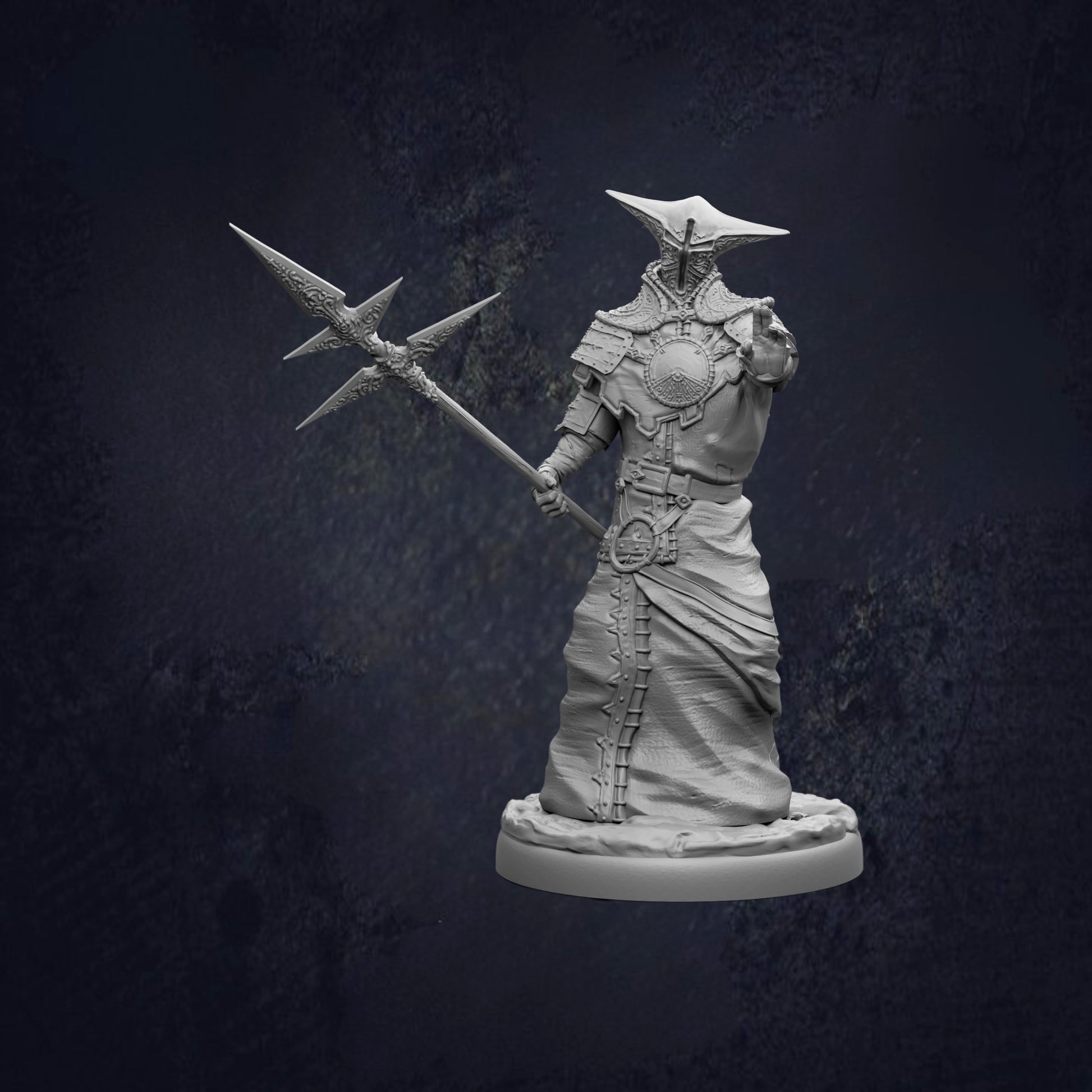 A detailed 3D model of a warrior figure holding a spear and shield, standing against a dark background.