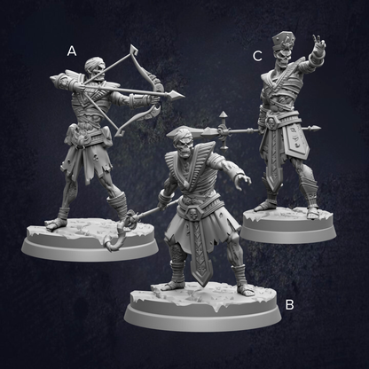 three figurines of soldiers, each with different weapons and poses, set against a dark background.