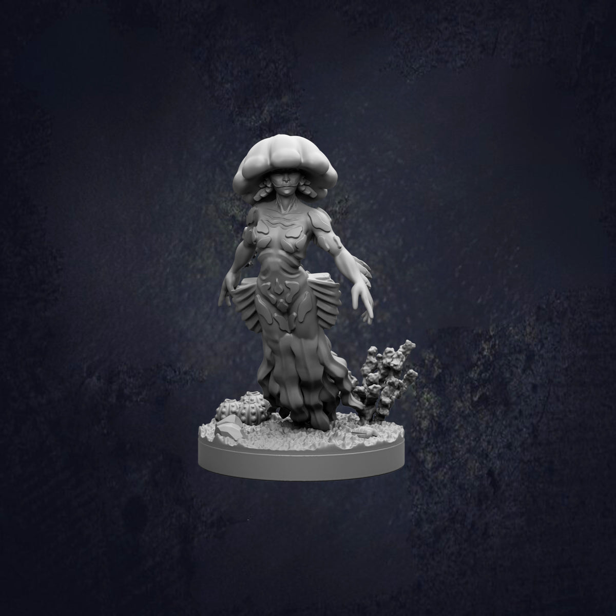 A 3D model of a fantastical creature with a large head and long, flowing body, standing on a base and surrounded by a dark, textured background.