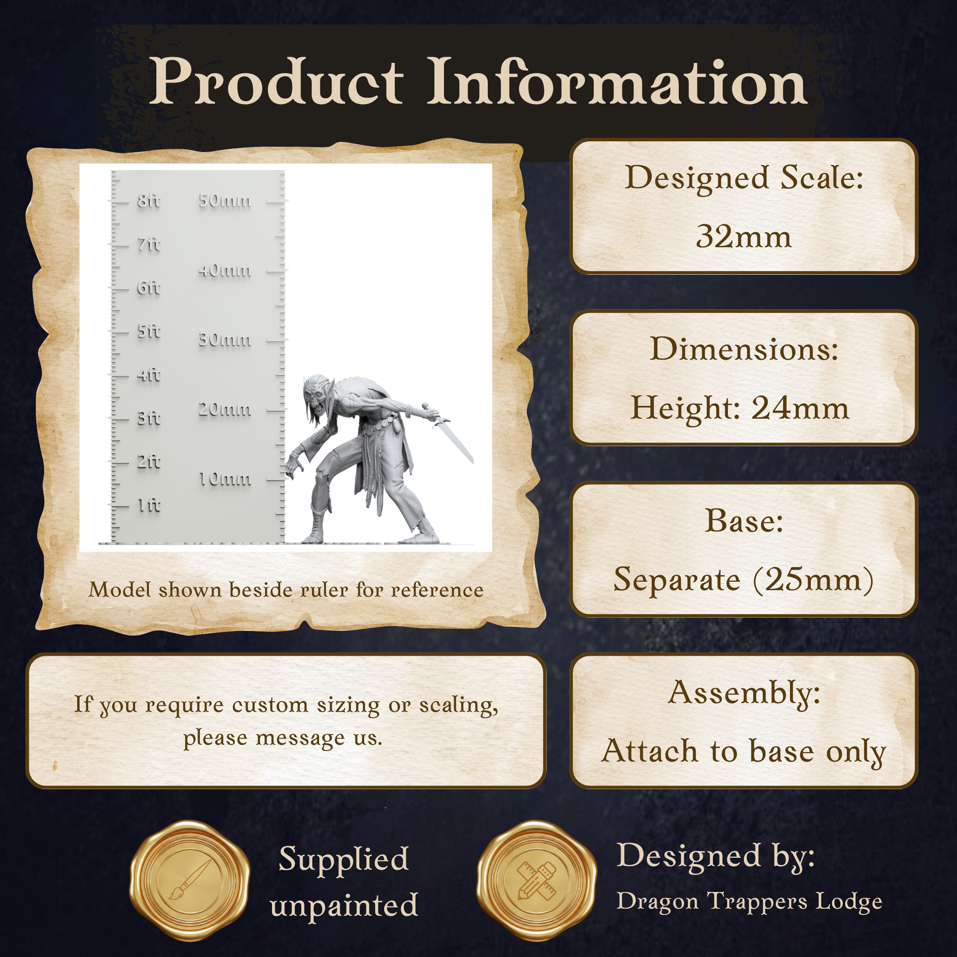 The image is a product information graphic that provides details about a model shown beside a ruler for reference. It includes dimensions, a base size, and assembly instructions. The product is designed by Dragon Trappers Lodge.