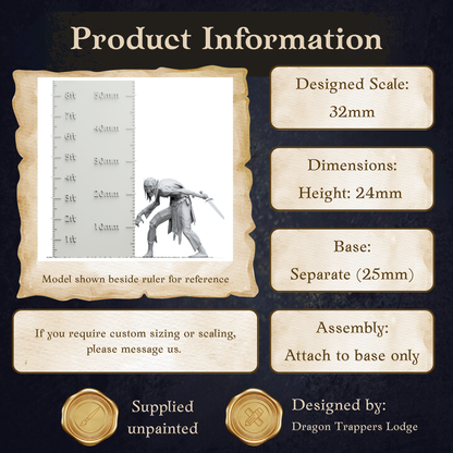 The image is a product information graphic that provides details about a model shown beside a ruler for reference. It includes dimensions, a base size, and assembly instructions. The product is designed by Dragon Trappers Lodge.