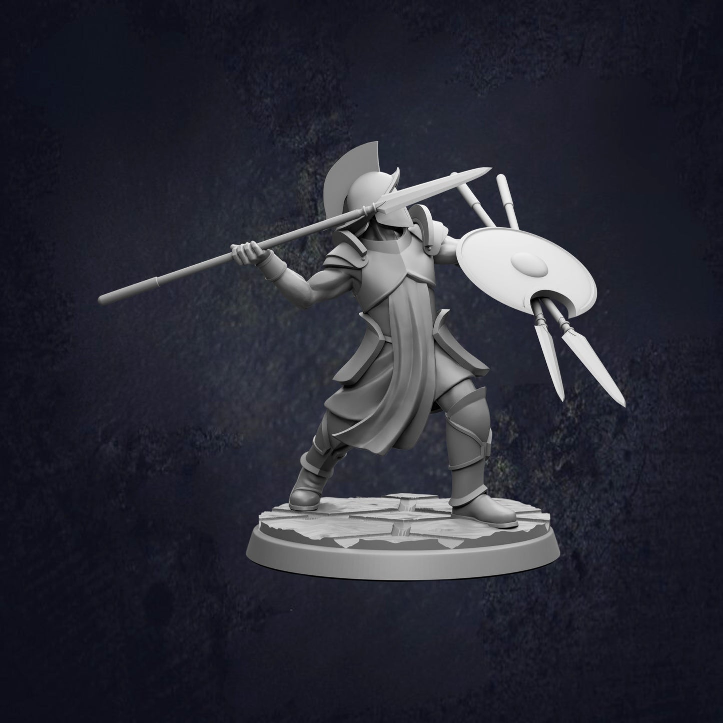 A 3D model of a warrior figure holding a spear and shield, standing on a platform against a dark background.