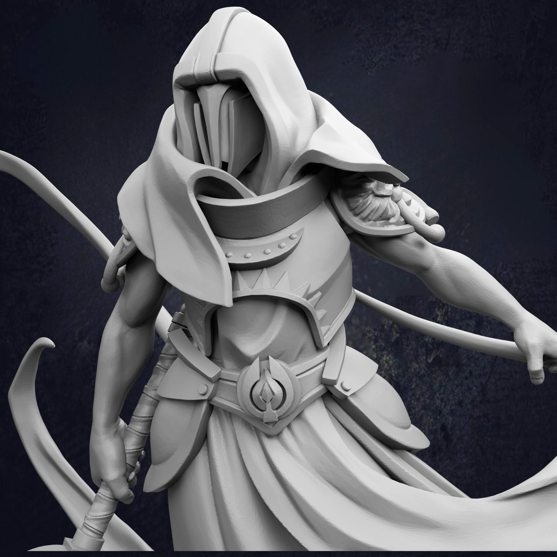A detailed 3D rendering of a fantasy character, possibly a warrior or deity, with intricate armor and a flowing robe. The character is depicted in a dynamic pose, wielding a weapon and surrounded by a dark, moody background.