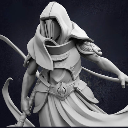 A detailed 3D rendering of a fantasy character, possibly a warrior or deity, with intricate armor and a flowing robe. The character is depicted in a dynamic pose, wielding a weapon and surrounded by a dark, moody background.