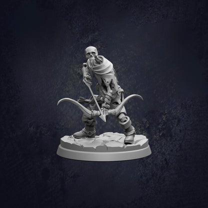 A 3D rendering of a skeletal figure holding a bow and arrow, standing on a cracked platform against a dark background.