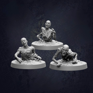 three white sculptures of zombie-like figures, each with different poses and expressions, set against a dark background.