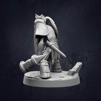 A 3D model of a knight in armor, holding a sword and standing on a base.