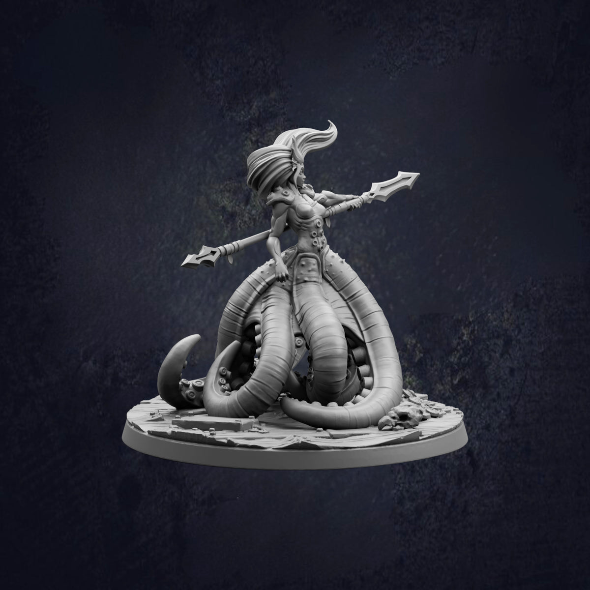 A detailed 3D model of a female character with a large, tentacle-like creature on her back, holding a weapon and standing on a platform.