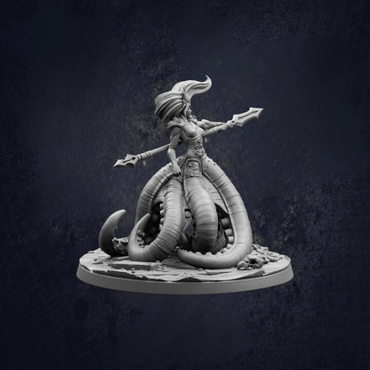 A detailed 3D model of a female character with a large, tentacle-like creature on her back, holding a weapon and standing on a platform.