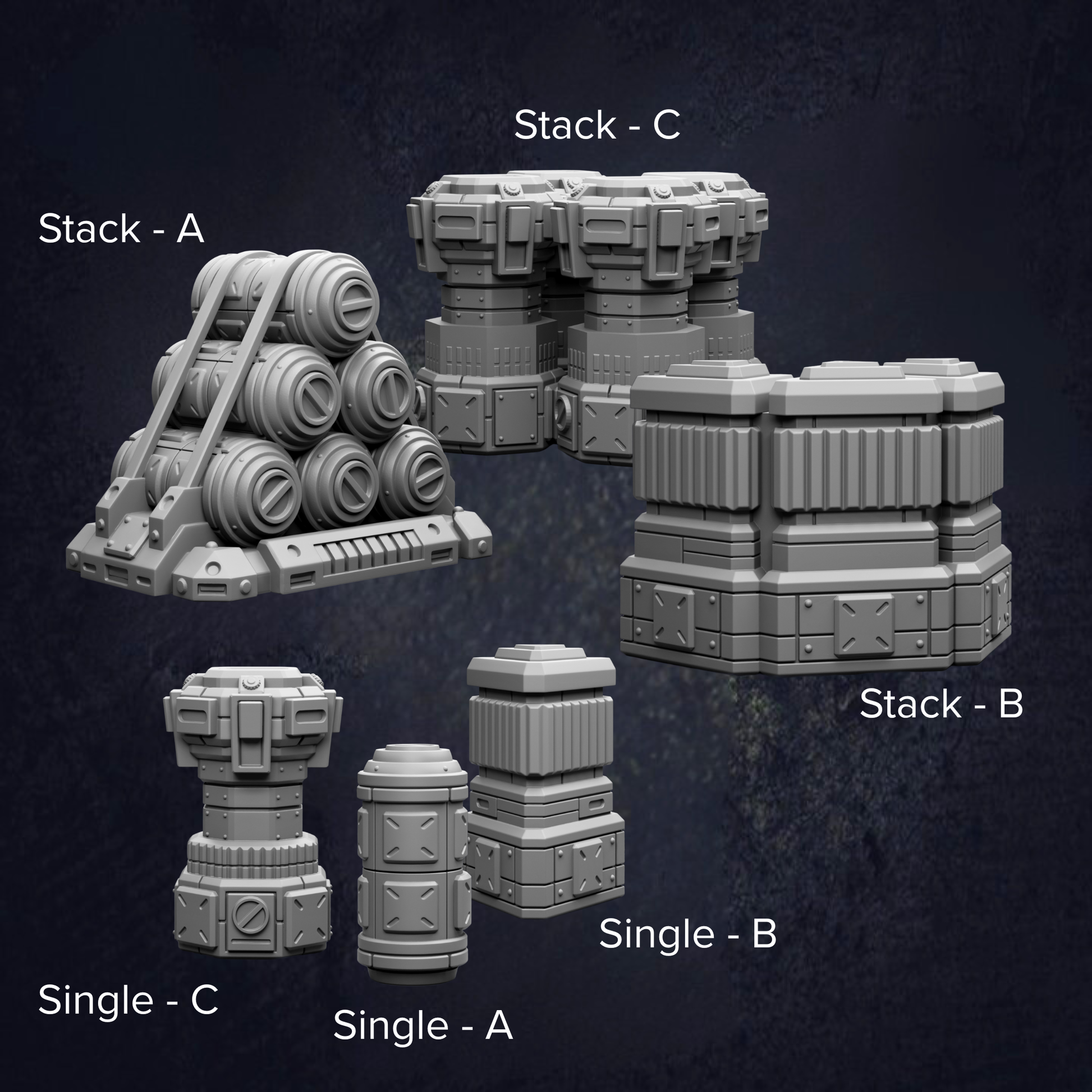 various 3D models of stacked containers or cubes, each labeled with a different type of stack.