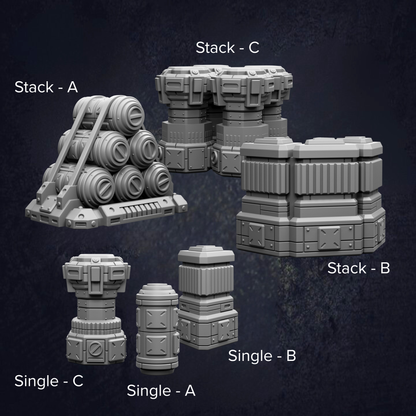 various 3D models of stacked containers or cubes, each labeled with a different type of stack.