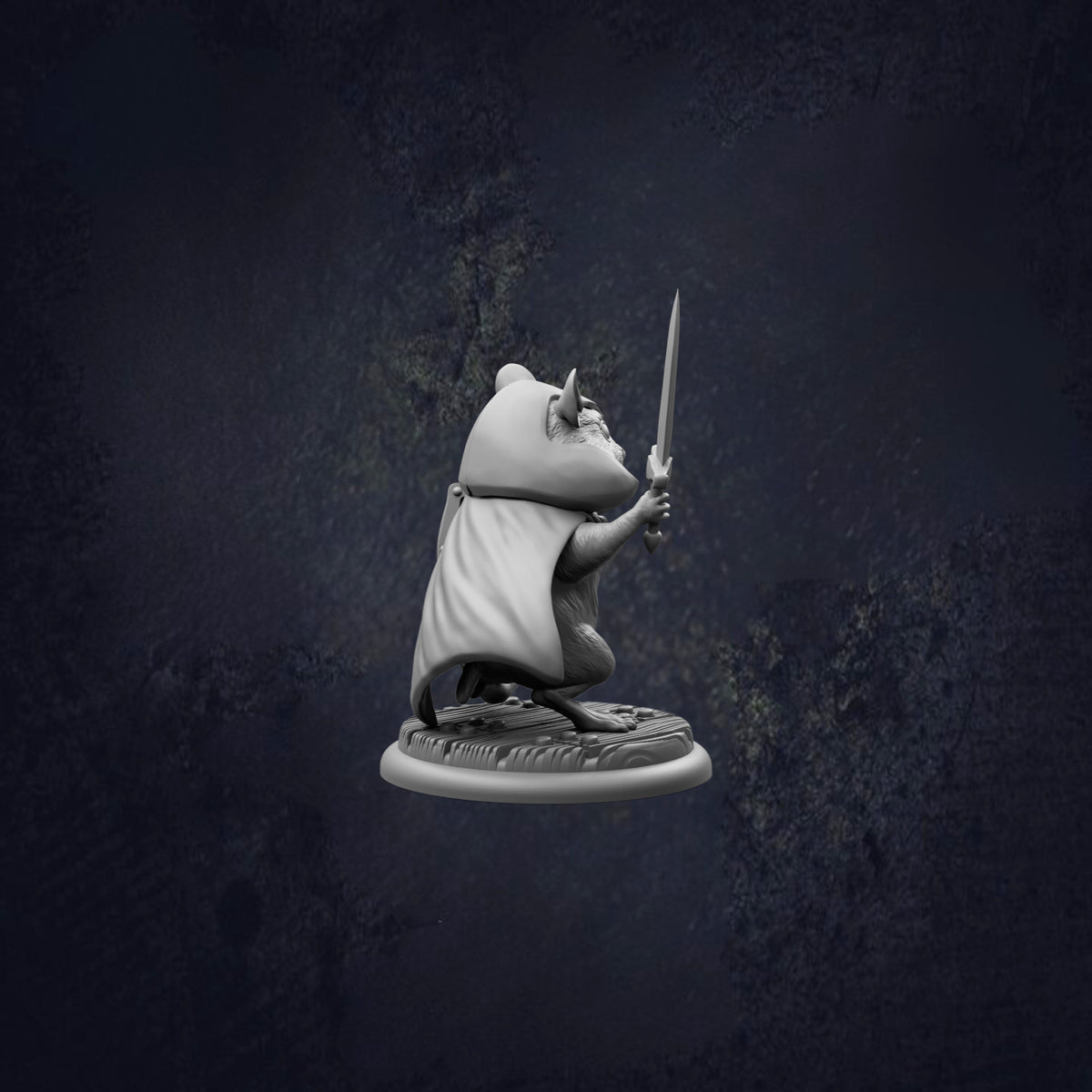 A 3D model of a mouse holding a sword, standing on a base.