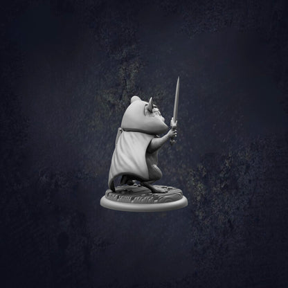 A 3D model of a mouse holding a sword, standing on a base.
