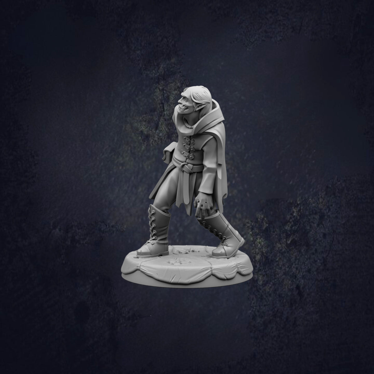 A 3D model of a person wearing a cape and boots, standing on a base against a dark background.