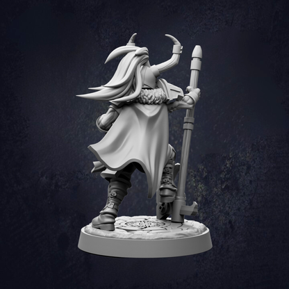 A 3D rendering of a fantasy character with long hair, wearing a cape and holding a staff, standing on a platform against a dark background.