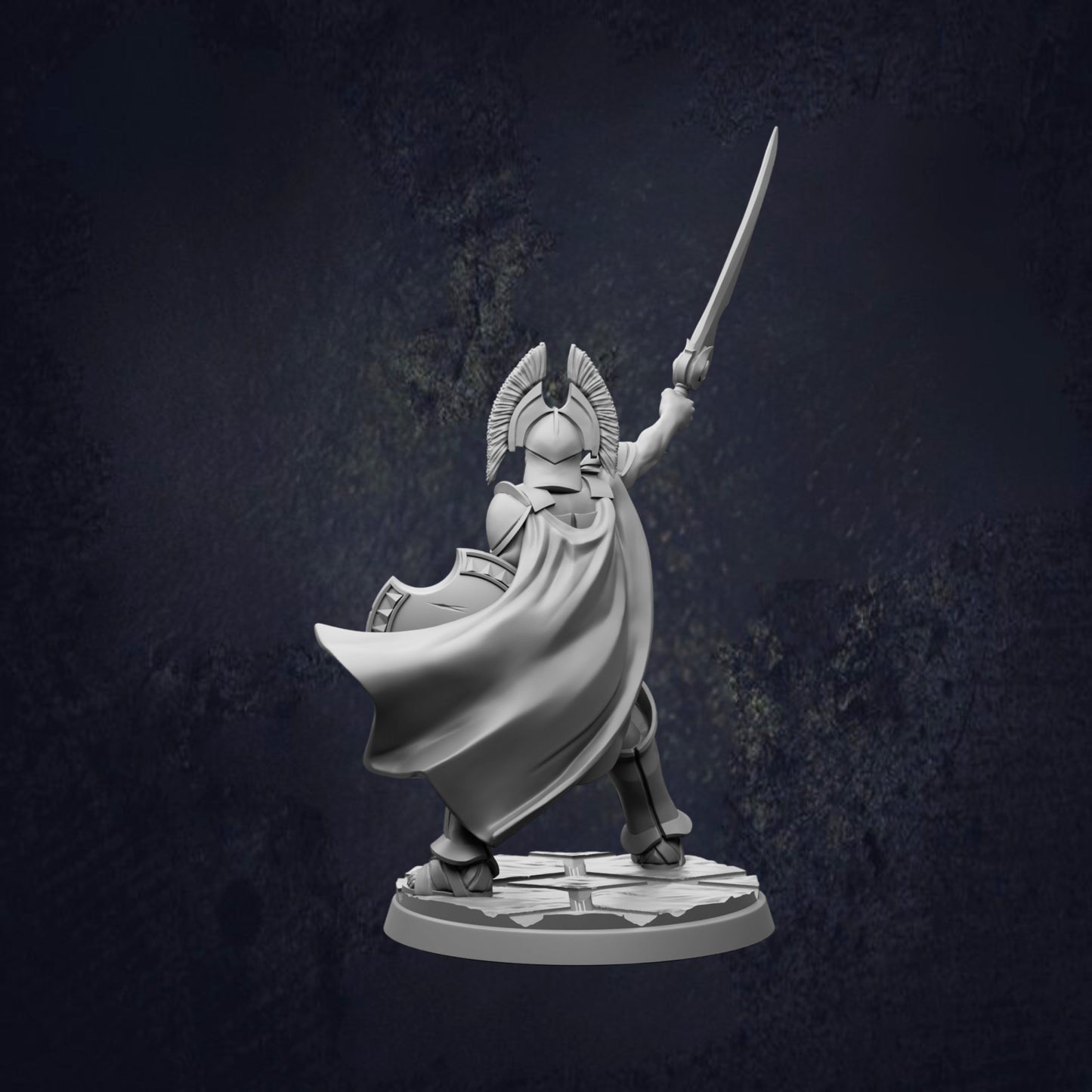 A statue of a warrior figure in a fighting stance, holding a sword and shield, against a dark background.