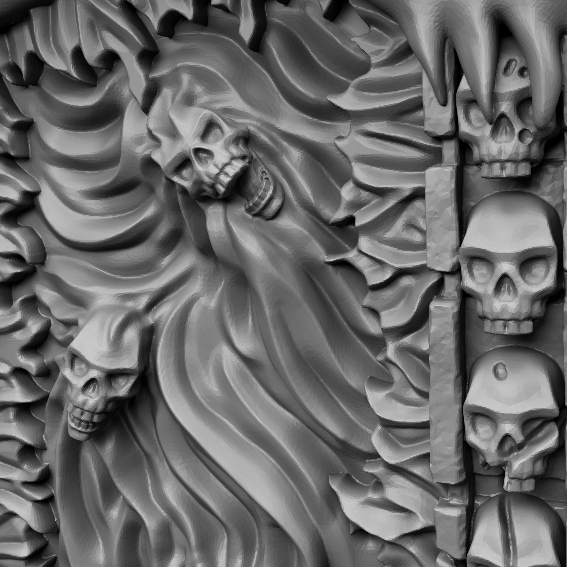 A close-up view of a detailed, intricate sculpture featuring a complex arrangement of overlapping skull-like shapes, creating a striking and visually captivating piece of art.