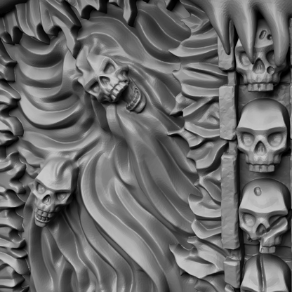 A close-up view of a detailed, intricate sculpture featuring a complex arrangement of overlapping skull-like shapes, creating a striking and visually captivating piece of art.
